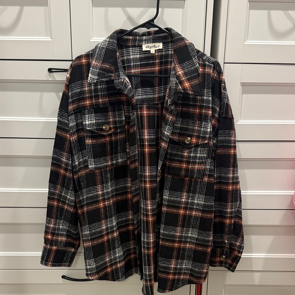 Haptics Black and Orange Plaid Shirt Jacket